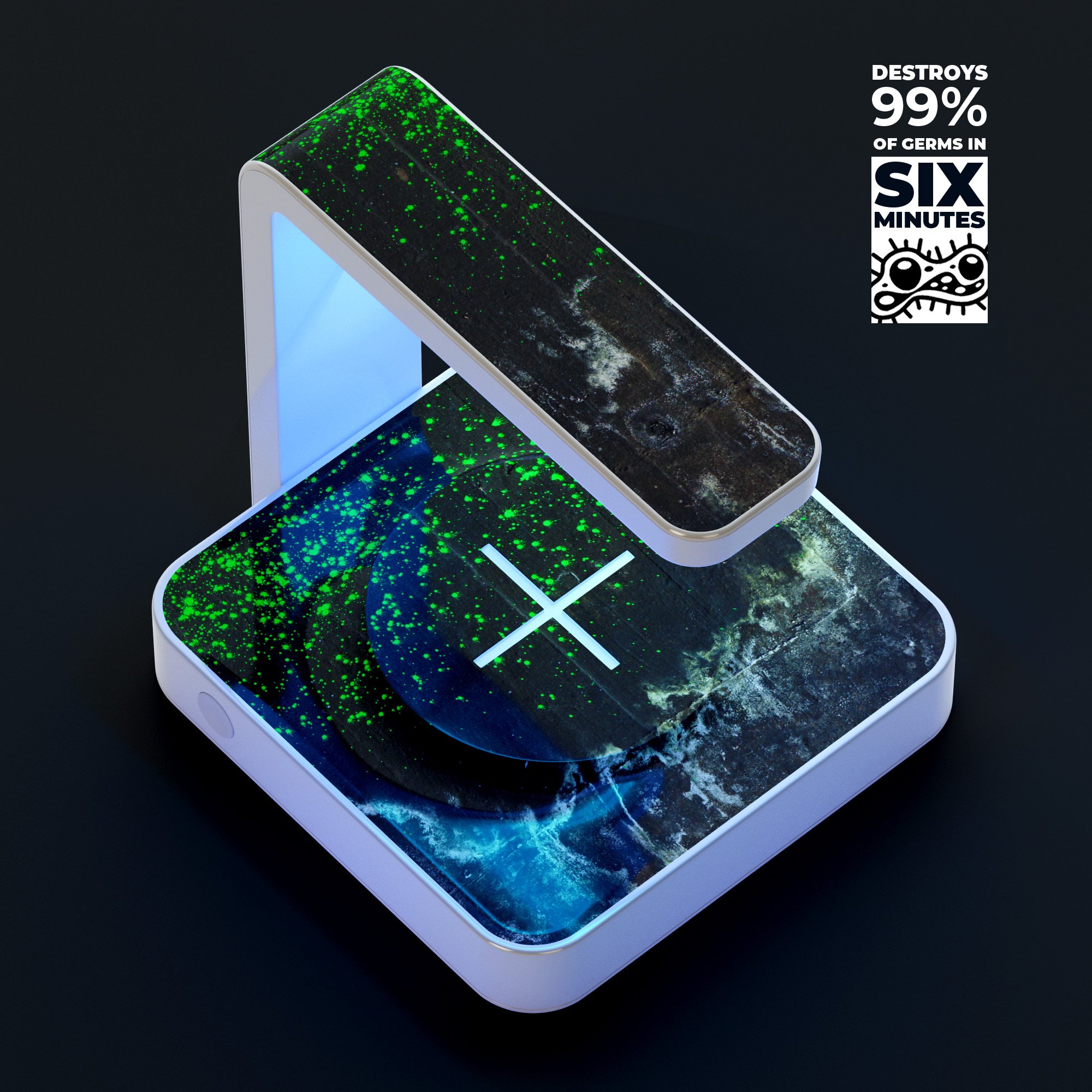 Grungy Green and Black Wood Surface UV Germicidal Sanitizing Wireless Charger with phone on top, showcasing its stylish design and functionality.